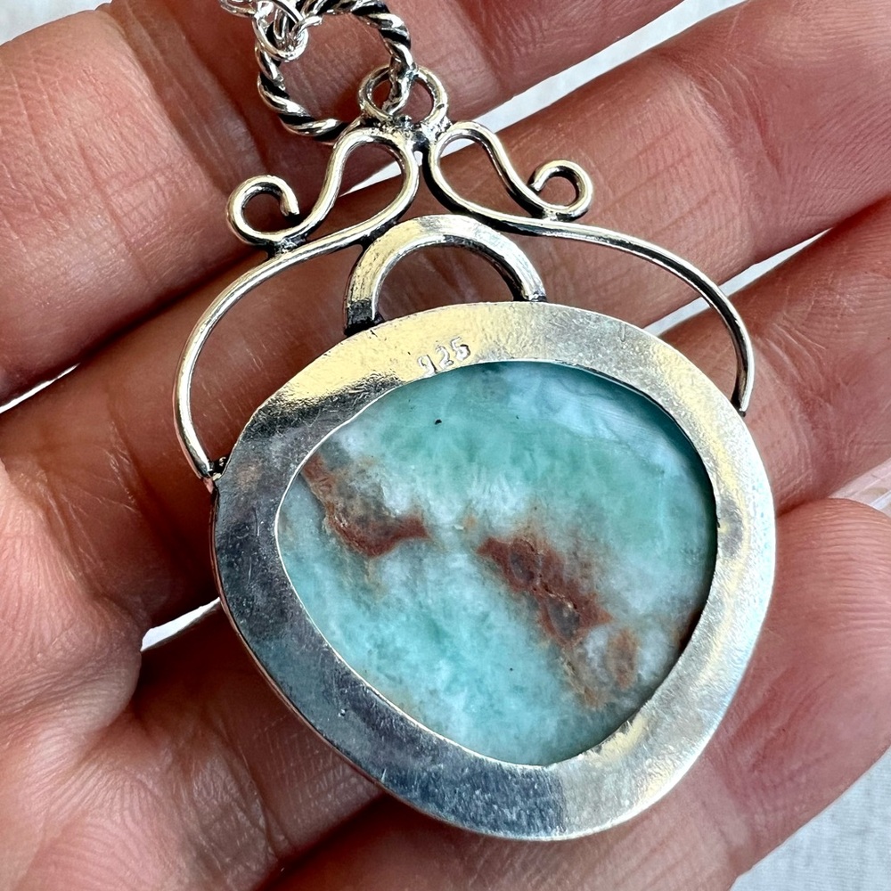 925 Calming Caribbean Larimar Ornate Pendant Necklace - Picture 7 of 8